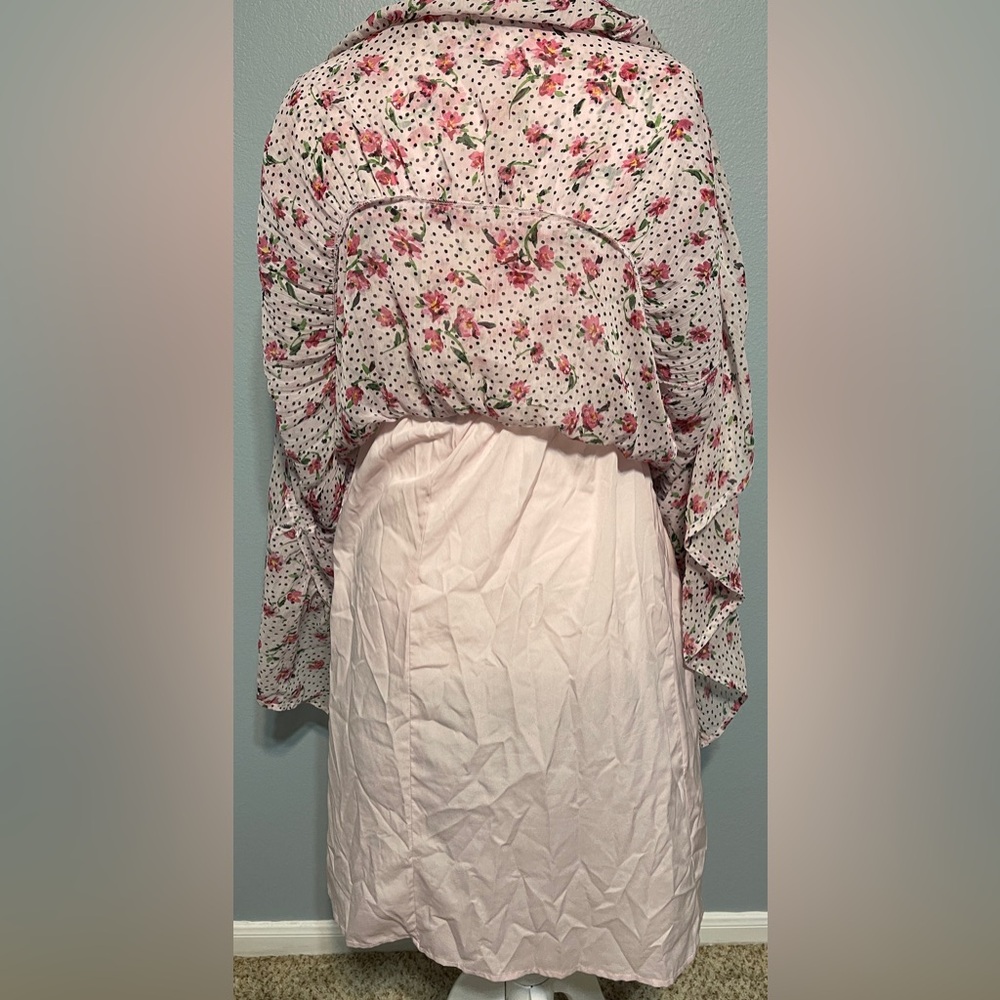 Antheaa Pink Floral Swiss Dot Midi Dress Ruffle Trim Tassel Tie Cottagecore XL - Picture 7 of 12